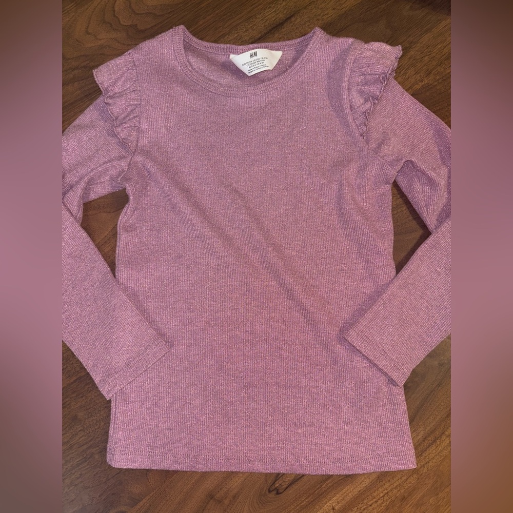 Girls size 5 H&M Long Sleeve Ruffle Shoulder Top - Dusty Pink with shimmer